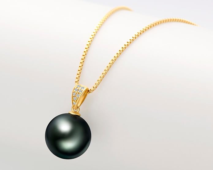 DENGGUANG 18K Gold Natural Black Pearl Pendant Necklace Pendant with Diamond 10-11mm Genuine Tahitian Cultured Round Pearls Jewelry Gifts for Women with 18" Silver Chain