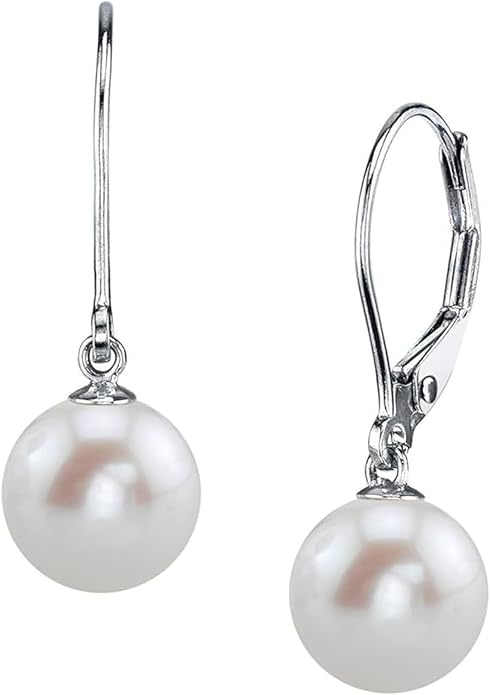 THE PEARL SOURCE AAAA Quality White Round Freshwater Cultured Pearl Hypoallergenic Earrings for Women | 14K Gold Leverbacks Earrings