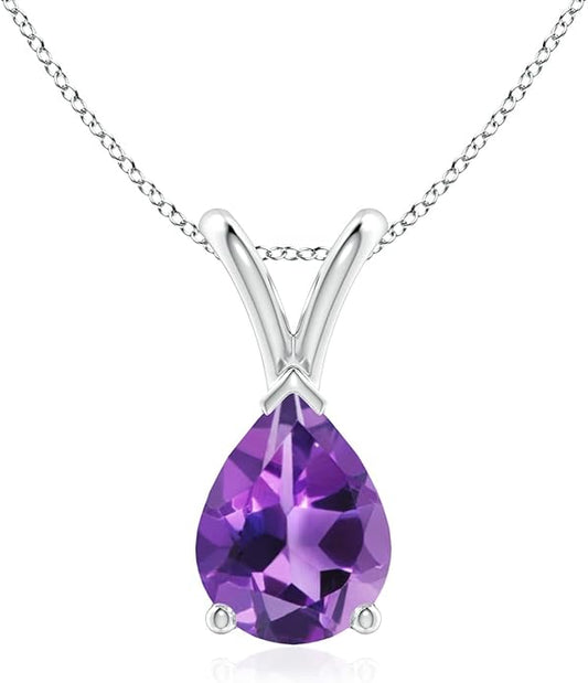 Angara Natural Amethyst Solitaire Pendant for Women | V-Bale Pear-Shaped Amethyst Solitaire Pendant in 14K Solid Gold/Silver/Platinum | February Birthday, Anniversary, Gemstone Jewellery Gift