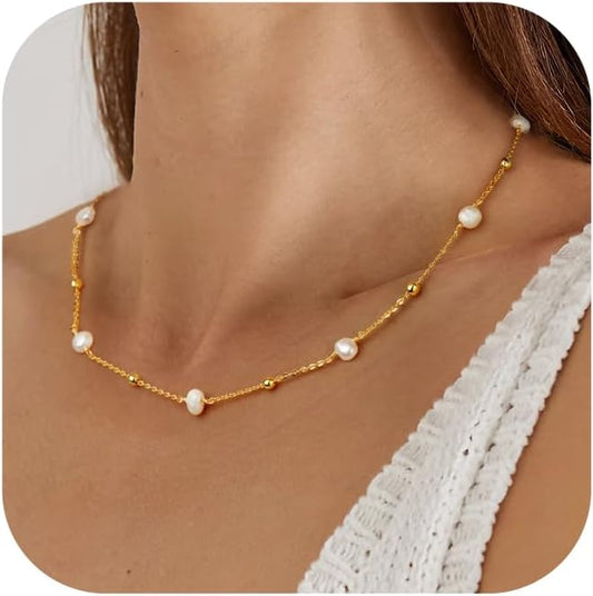 Gold Pearl Necklace for Women, Chunky 18K Gold Plated Layered Choker Chain - Double Layered Pearl Necklace, Trendy Gold Jewelry Birthday Gifts