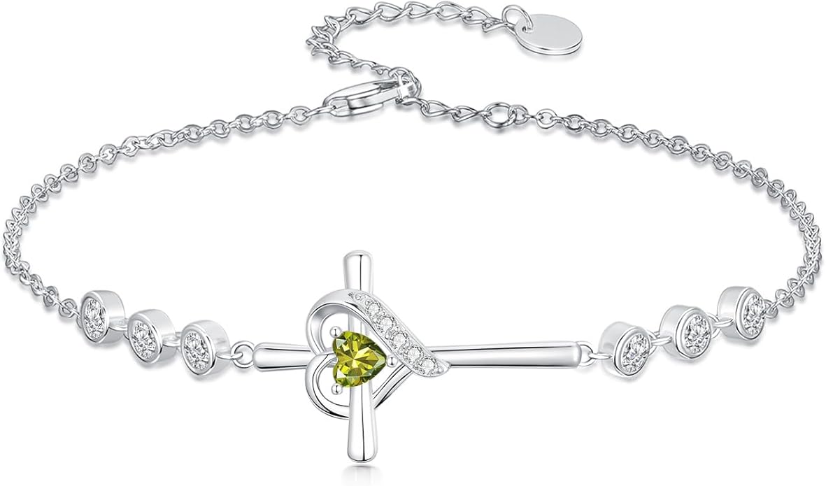 Cross Birthstone Charm Link Bracelet 925 Sterling Silver Cross Bracelet with 12 Months Birthstone Religious Christian Jewelry Gifts for Women Mom Her,Chain Length 7"+2" Extend