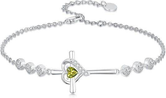 Cross Birthstone Charm Link Bracelet 925 Sterling Silver Cross Bracelet with 12 Months Birthstone Religious Christian Jewelry Gifts for Women Mom Her,Chain Length 7"+2" Extend