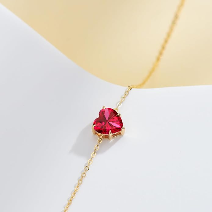 14k Gold Love Heart Gemstone Bracelet for Women,7MM Heart-cut Created Birthstone Anniversary Birthday Mother's Day Bracelets Jewelry for Mom Her 6.5''+2''