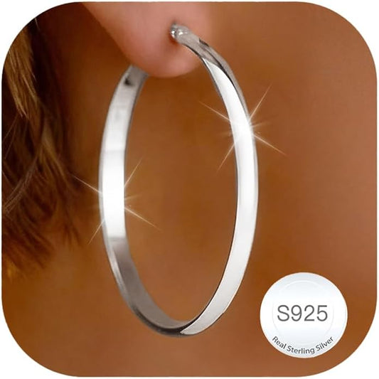 EXGOX 5mm Wide Gold Hoop Earrings for Women,Sterling Silver Hoop Earrings Large Silver Hoop Earrings Hypoallergenic Lightweight 14K Real Gold Plated Big Hoop Earrings for Women 30/40/50/60/70mm