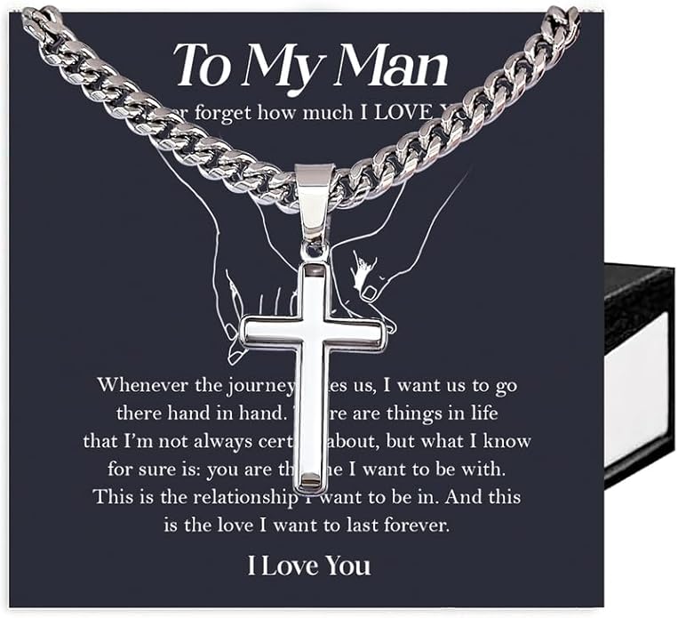 SUTERY Cross Cuban Chain Necklace - Promise Necklace for Him, Necklace for Boyfriend, Mens Necklace for Fiance, Valentine's Day