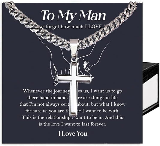 SUTERY Cross Cuban Chain Necklace - Promise Necklace for Him, Necklace for Boyfriend, Mens Necklace for Fiance, Valentine's Day