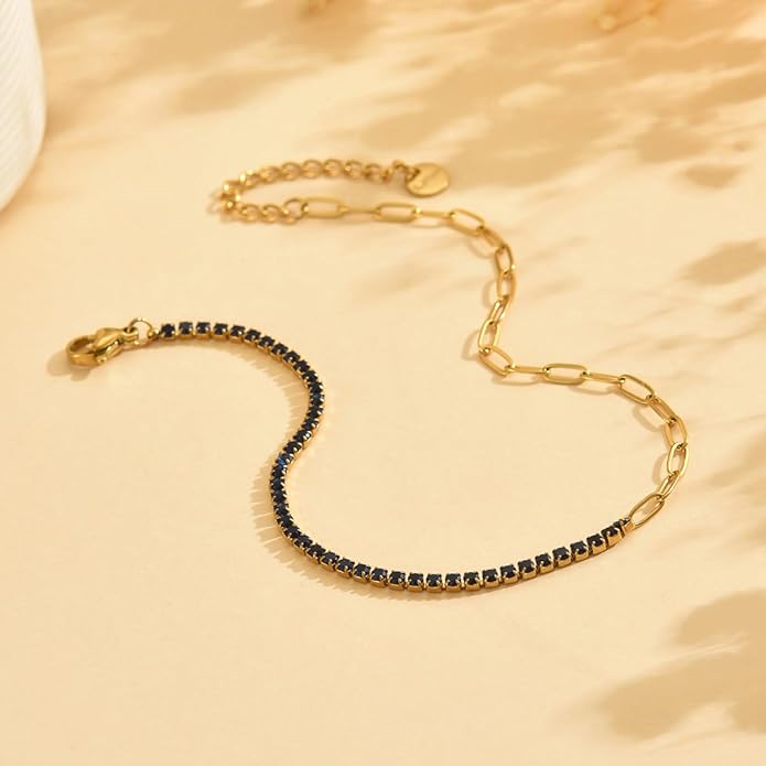 Anklet Bracelets for Women 18K Gold Plated Tennis Anklets Dainty Sapphire Paperclip Pearl Sequin Droplet Adjustable Large Anklet Bracelets Simple Beach Summer Waterproof Foot Jewelry