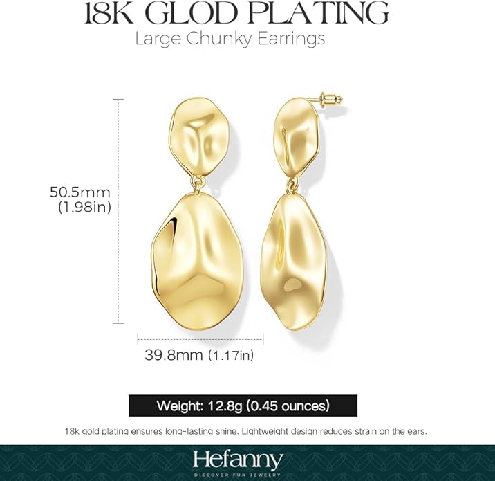 Hefanny Large Hammered Teardrop Dangle Earrings Geometric Chunky Flower Earrings Women's Trendy Statement Jewelry Multiple Styles