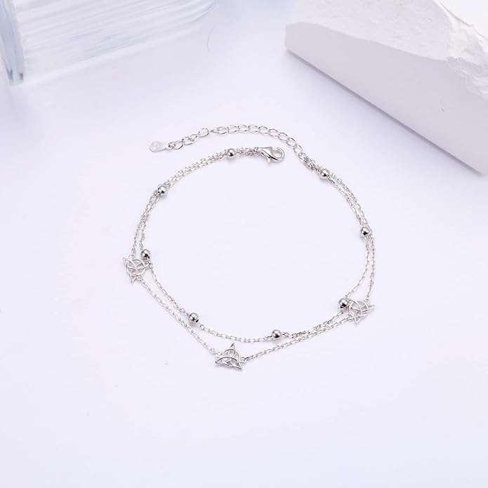Anklet for Women S925 Sterling Silver Adjustable Foot Evil Eye Starfish Heart Bead Butterfly Celtic Knot Cross Multilayer Layered Ankle Bracelet Jewelry