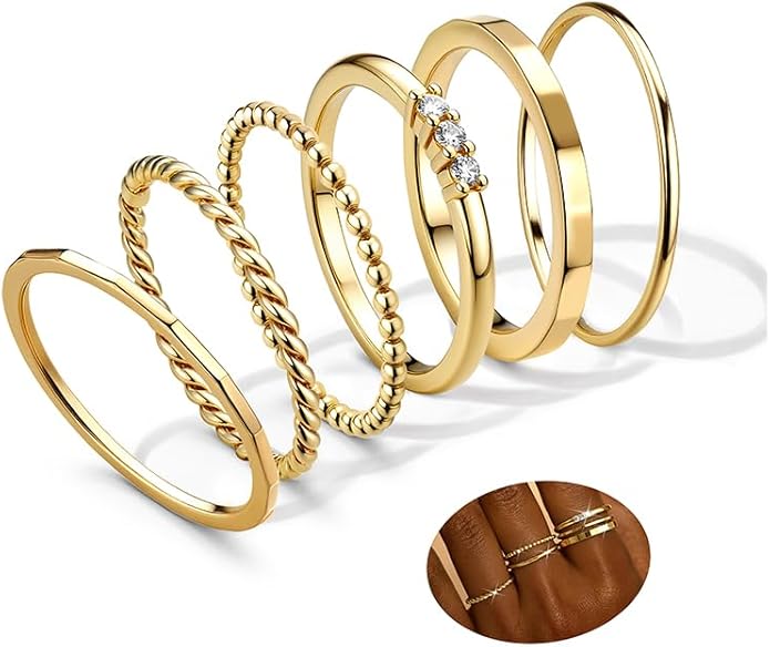 FIBO STEEL 14K Gold Plated Stackable Rings for Women Non Tarnish - Dainty Rings Cubic Zirconia Thin Ring Set Minimalist Thumb Stacking Ring Size 5-11