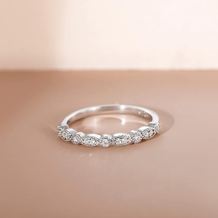 EAMTI 925 Sterling Silver Wedding Band for Women Cubic Zirconia Marquise & Round Milgrain Half Eternity Stackable Ring Size 5-10