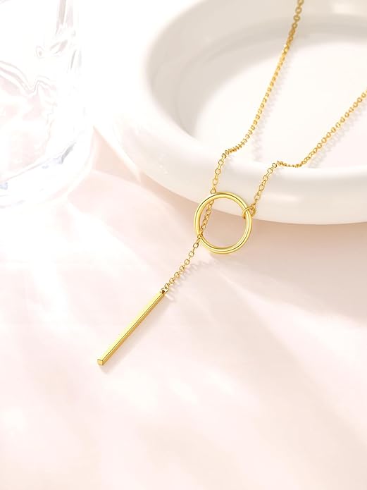FOCALOOK Long Necklaces for Women 14K Gold Plated Dainty Drop Bar Pendant Lariat Y-Shaped Necklace Earring Set 28inch/73cm