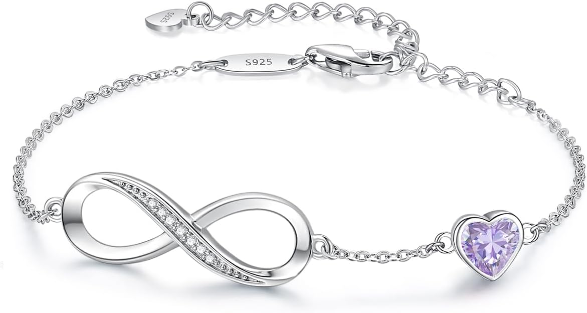 CDE Infinity Heart Birthstone Charm Link Bracelet for Women 925 Sterling Silver Adjustable Mother's Day Gift Anniversary Birthday Jewelry for Wife Girlfriend Her
