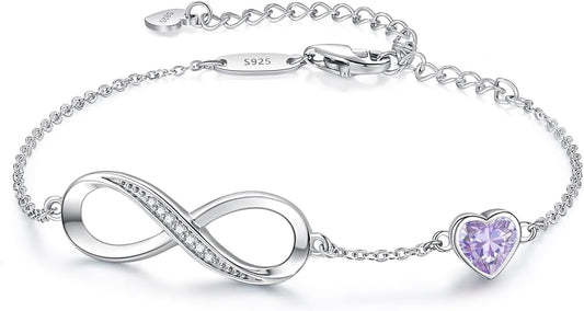 CDE Infinity Heart Birthstone Charm Link Bracelet for Women 925 Sterling Silver Adjustable Mother's Day Gift Anniversary Birthday Jewelry for Wife Girlfriend Her