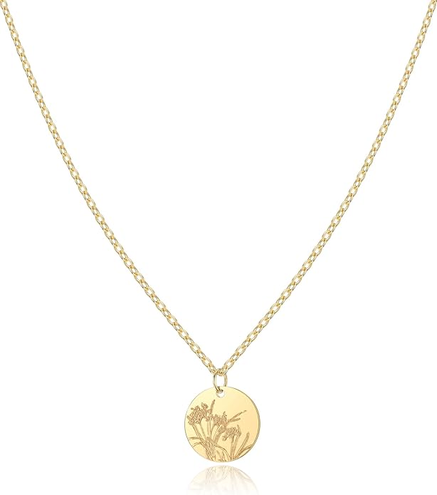 Birth Flower Necklace, 14K Gold Plated Floral Pendant Necklaces for Women, Simple Dainty Birth Month Flower Necklace, Birthday Jewelry for Women - 12 Month