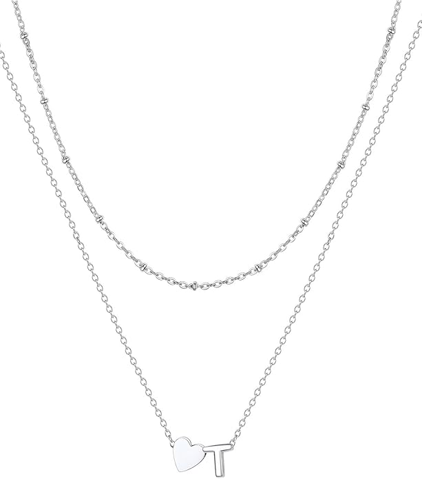 FOCALOOK Layered Initial Necklace for Women, 14K Gold Plated Choker Necklaces Stacks with Initial A-Z, Dainty Silver Heart Pendant Necklace Personalized Birthday Women Jewelry
