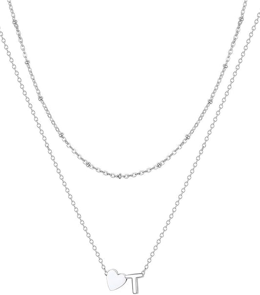 FOCALOOK Layered Initial Necklace for Women, 14K Gold Plated Choker Necklaces Stacks with Initial A-Z, Dainty Silver Heart Pendant Necklace Personalized Birthday Women Jewelry