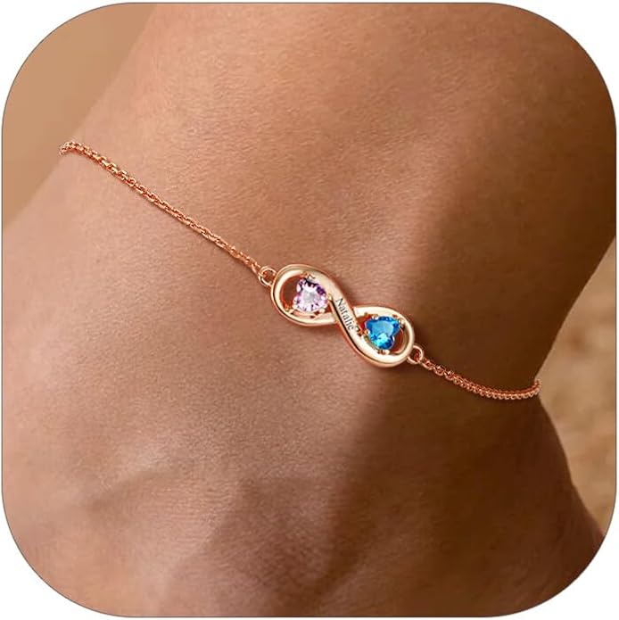 Custom4U Personalized Infinity Ankle Bracelets for Women 925 Sterling Silver Anklet Bracelet Endless Love Symbol Birthstone Charm Adjustable Foot Chain Jewelry Mothers Day Gifts for Mom Wife Women Her