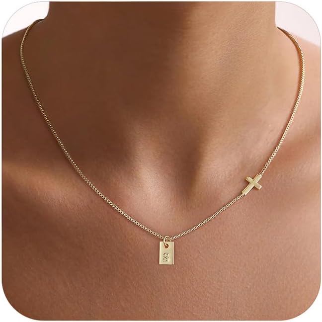 Cross Necklace for Women with Initial, 14K Gold Plated Dainty Cross Pendant Choker Initial Gold Necklace for Women Jewelry Gift
