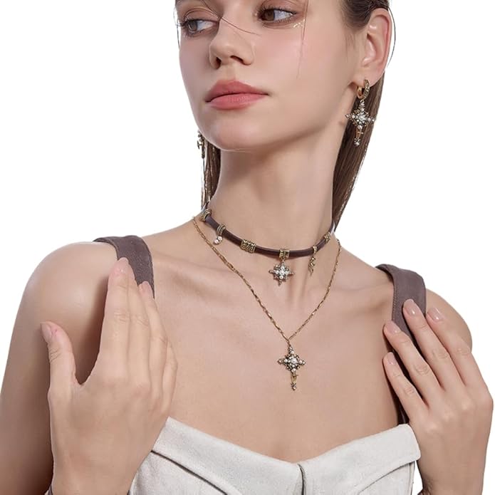 Retro stylish Star Cross Pendant Necklace Faux Leather Women's Collar Personalized Double Layer Necklace M2592