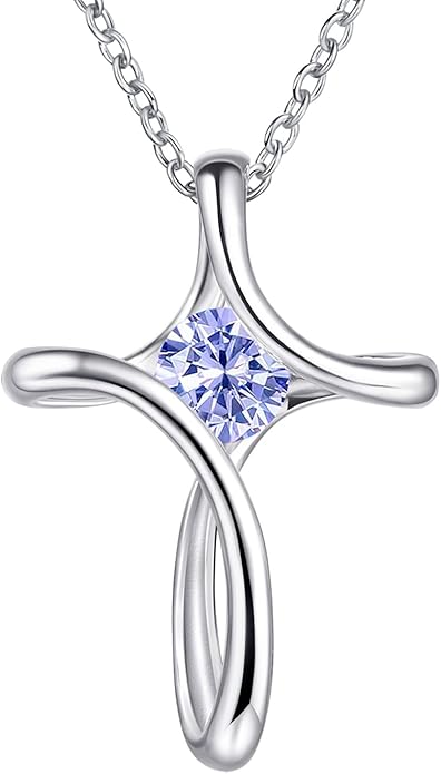 NINAMAID Cross Necklace for Women, 925 Sterling Silver Birthstone Necklace for Women with Diamond Sideways Cross Necklaces Birthstone Jewelry Birthday Gifts for Womens