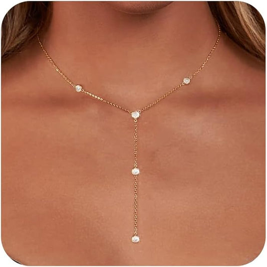 Lariat Gold Necklace for Women Trendy Dainty 14k Gold Plated/Silver Layered Chain Drop Necklaces Y-Shaped Necklace Jewelry for Women Gifts