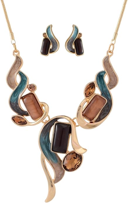 Chunky Statement Jewelry Set Vintage Retro Leaf Flower Floral Geometric Bohemian Boho Bib Necklace Earring Set Fashion Costume Jewelry for Women Girls Wedding Party Prom Unique Gift