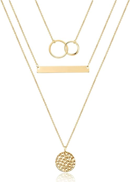 Turandoss Dainty Layered Choker Necklace, Handmade Y Pendant Necklace Multilayer Bar Disc Necklace Adjustable Layering Choker Necklaces for Women