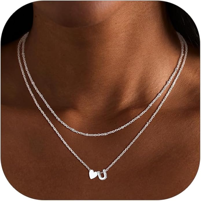 FOCALOOK Layered Initial Necklace for Women, 14K Gold Plated Choker Necklaces Stacks with Initial A-Z, Dainty Silver Heart Pendant Necklace Personalized Birthday Women Jewelry