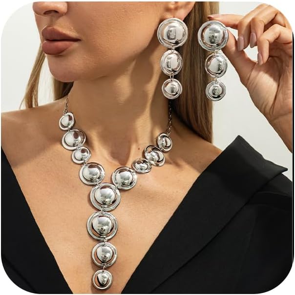 Exaggerated Chunky Gold Choker Long Y Necklace Round Drop Earring Set for Women Unique Big Geometry Silver Necklaces Large Dangly Earring Jewelry Gift
