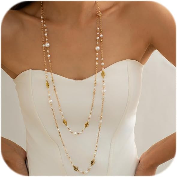 Long Pearl Necklaces for Women Pearl Long Chain Necklace Dainty Gold And Long Pearl Necklaces Layered Pearl Necklace Statement Sweater Strand Chain Jewelry