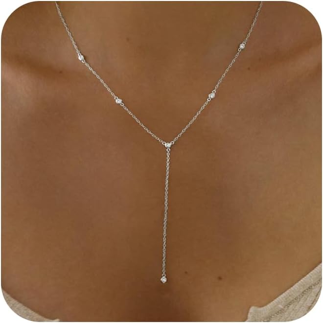 Gold Necklace for Women, Dainty Gold Long Necklaces 14k Gold Plated Prom Bar CZ Lariat Necklace Simple Choker Necklaces for Women Trendy Boho Fashion Costume Jewelry Womens