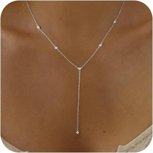 Gold Necklace for Women, Dainty Gold Long Necklaces 14k Gold Plated Prom Bar CZ Lariat Necklace Simple Choker Necklaces for Women Trendy Boho Fashion Costume Jewelry Womens