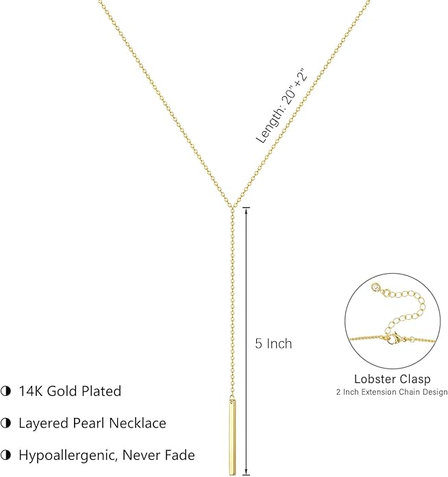 Luxval Lariat Gold Necklace for Women, Dainty Long Necklace 14k Gold Plated/Silver Y-Shaped Pendant Necklaces Trendy Beaded Chain Drop Necklaces Jewelry for Women Gifts