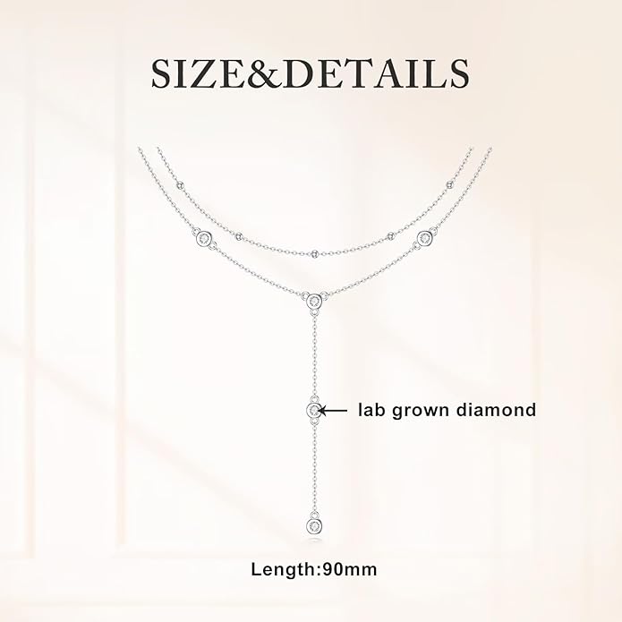 Diamond Station Layered Lariat Necklace for Women 925 Sterling Silver Layering Y-Shaped Chain Necklace with Lab Grown Diamond Jewelry Gifts 0.3 CTTW D Color VVS Clarity, 14 inch + 16 inch Chain