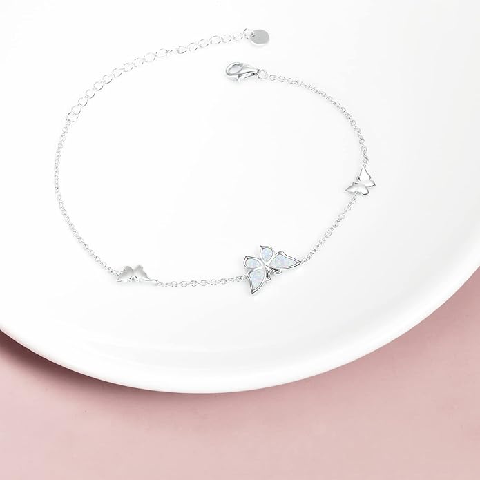 WINNICACA Sterling Silver Butterfly Bracelet Anklet Created Opal Butterfly Jewelry Gifts for Women Birthday Christmas Day Gifts