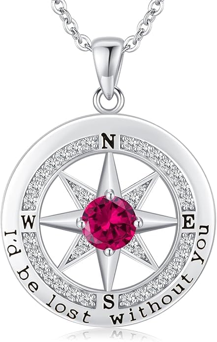 Compass Necklace for Women Wife Girlfriend Mom Daughter Gifts S925 Silver Jewelry For Anniversary Rose Gold Gifts For Birthday Christmas Mothers Valentines Day 12 Birthstones