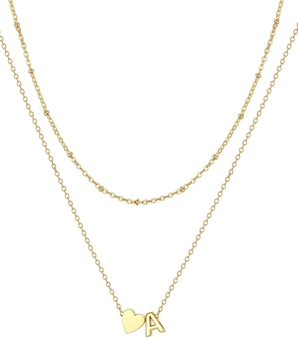 FOCALOOK Layered Initial Necklace for Women, 14K Gold Plated Choker Necklaces Stacks with Initial A-Z, Dainty Silver Heart Pendant Necklace Personalized Birthday Women Jewelry