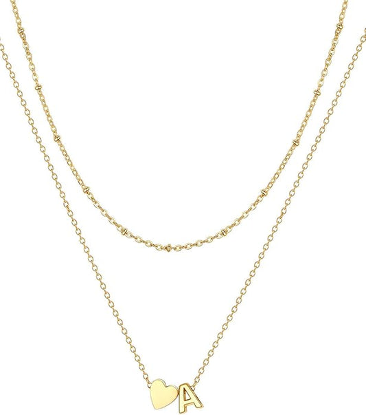 FOCALOOK Layered Initial Necklace for Women, 14K Gold Plated Choker Necklaces Stacks with Initial A-Z, Dainty Silver Heart Pendant Necklace Personalized Birthday Women Jewelry