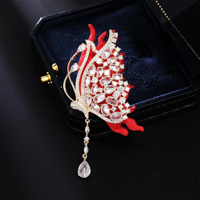 14K Gold Luxury Butterfly Brooch Sparkling Moissanite Accents & Enamel Painted Details, Retro Chic for Cheongsam, Coats & Formal Attire