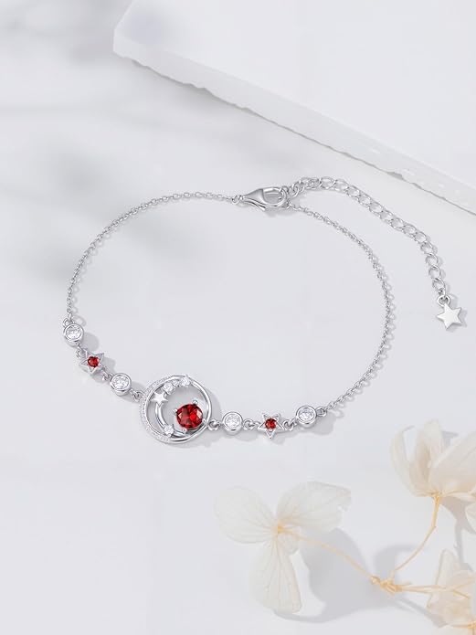 Moon and Star Birthstone Charm Link Bracelet 925 Sterling Silver Moon and Star Bracelet with 12 Months Birthstone Birthday Jewelry Gifts for Women Mom Her,Chain Length 7"+2" Extend