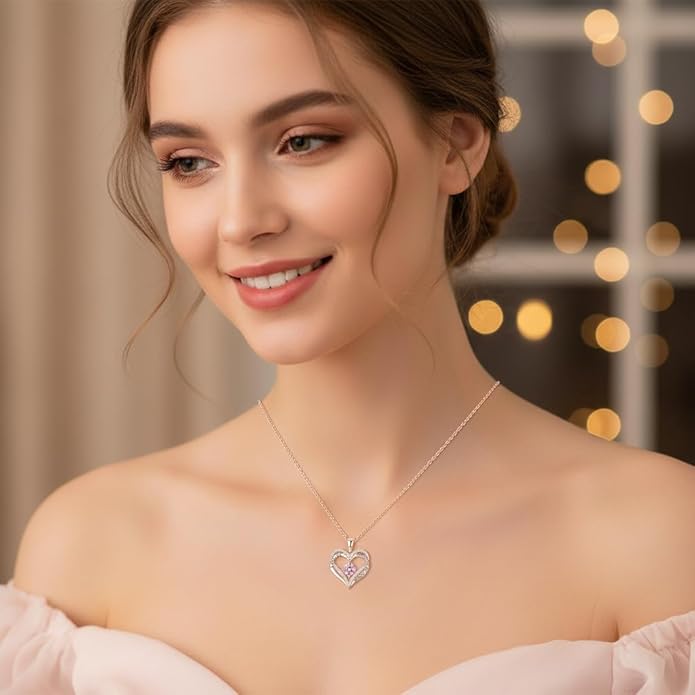 Birthstone Heart Necklace for Women Wife Girlfriend Mom Daughter Gifts S925 Silver Jewelry For Anniversary Rose Gold Gifts For Birthday Christmas Mothers Valentines Day