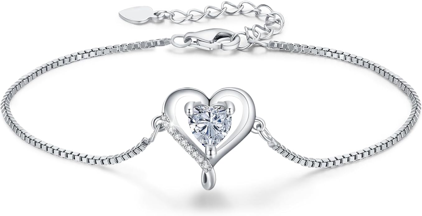 LAVUMO Love Heart Bracelets for Women 925 Silver Charm Birthstone Bracelet Adjustable Anniversary Birthday Jewelry Gifts for Women Girlfriend Wife Daughter Mom Her