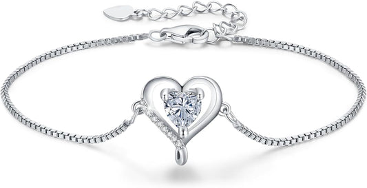 LAVUMO Love Heart Bracelets for Women 925 Silver Charm Birthstone Bracelet Adjustable Anniversary Birthday Jewelry Gifts for Women Girlfriend Wife Daughter Mom Her
