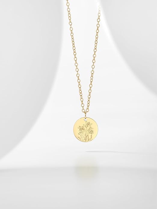 Birth Flower Necklace, 14K Gold Plated Floral Pendant Necklaces for Women, Simple Dainty Birth Month Flower Necklace, Birthday Jewelry for Women - 12 Month