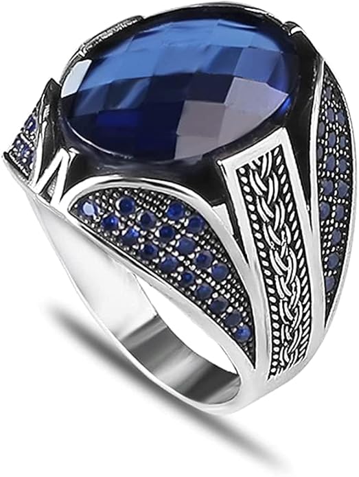 925 Sterling Silver Men Silver Ring with Sapphire GemStone, Handmade Engraved Silver Ring, Gift for him, Minimalist Silver Ring