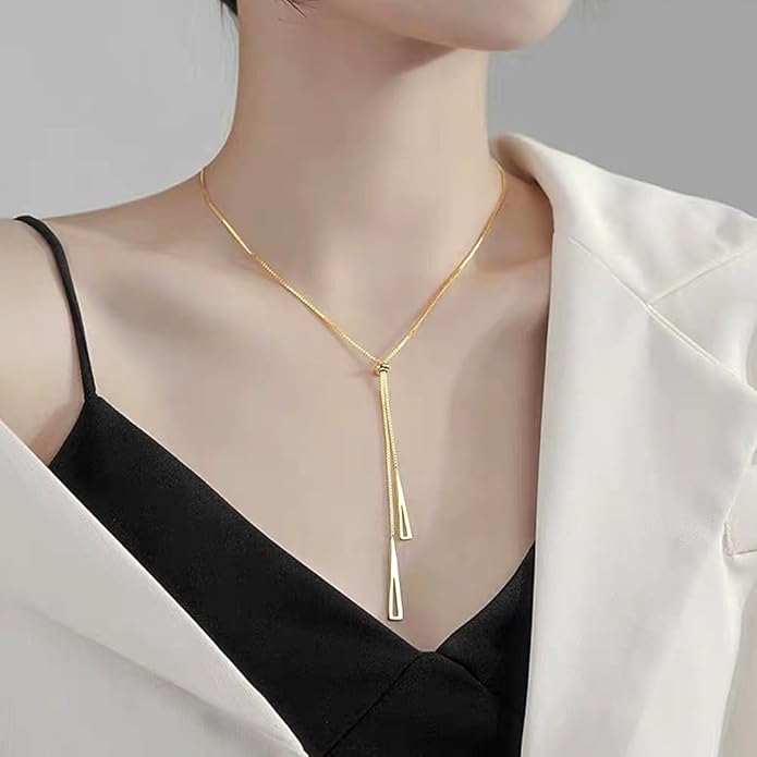 14K Gold Statement Y Necklace for Women,Dainty Double Triangle Pendant Necklace Long Link Chain Lariat Collar Necklace Minimalist Jewelry Gifts