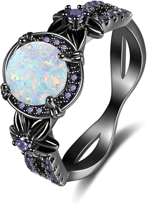 Gothic Black Rings for Women, Mystic Rainbow Topaz with Created Amethyst Flower Goth Black Gold Wedding Engagement Ring Size 6 to 11