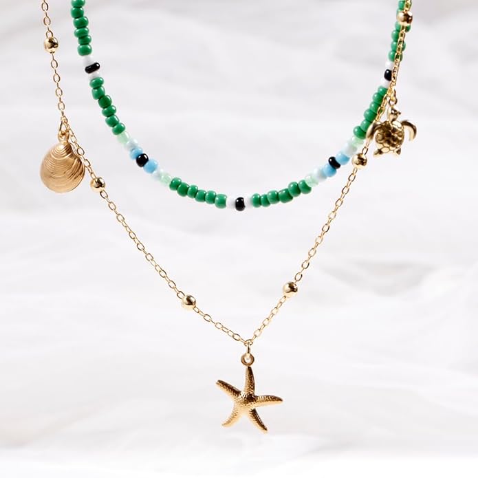 Da Piao Liang Handmade Multilayered Colorful Seed Beads Choker Necklace – Boho Starfish Creative Beach Jewelry for Women – Summer Necklace