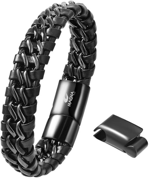 Men's Braided Genuine Leather Link Steel Chain Bracelet